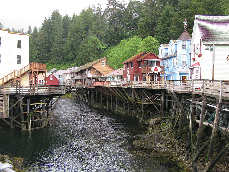 Row of Houses, riverbank, row, stilts, alaska, houses, risers, HD wallpaper
