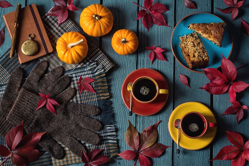 Coffee, Pumpkin, Still Life, Leaf, Fall, Cake, Glove, HD wallpaper