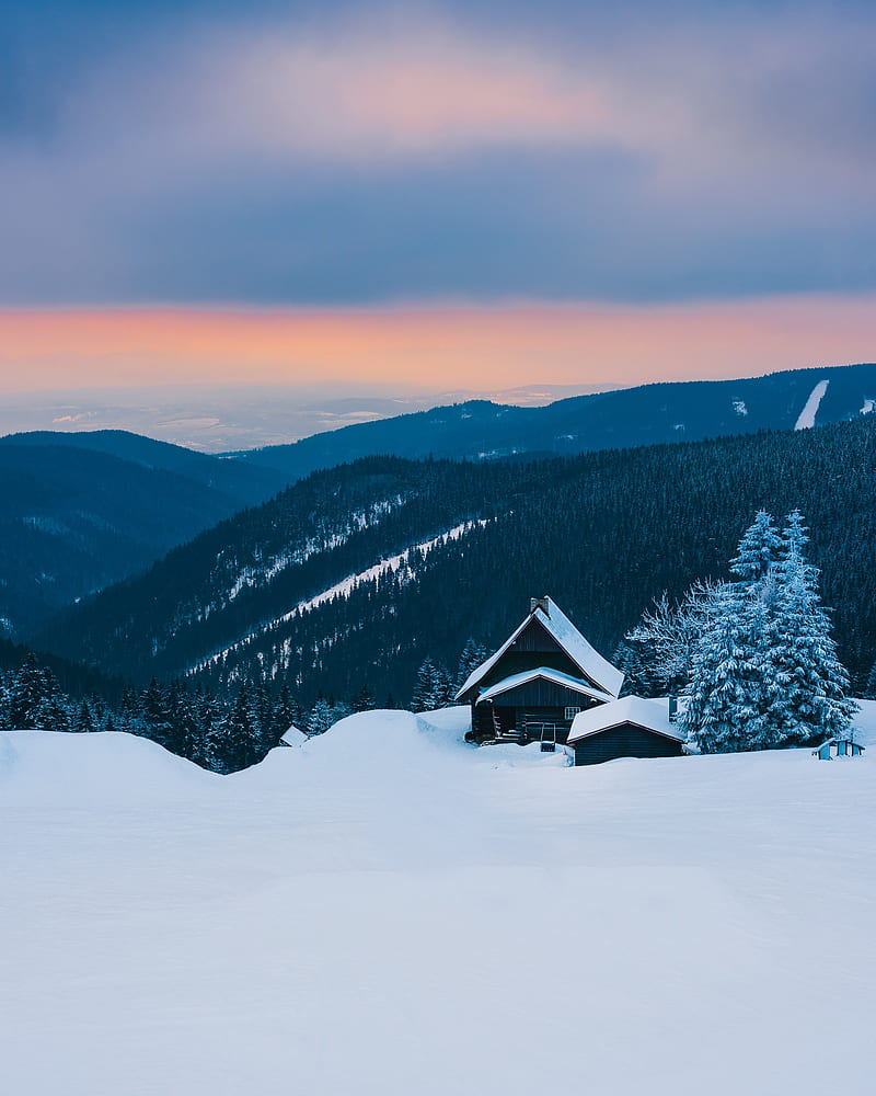 mountains, snow, house, winter, hut, alps, HD phone wallpaper