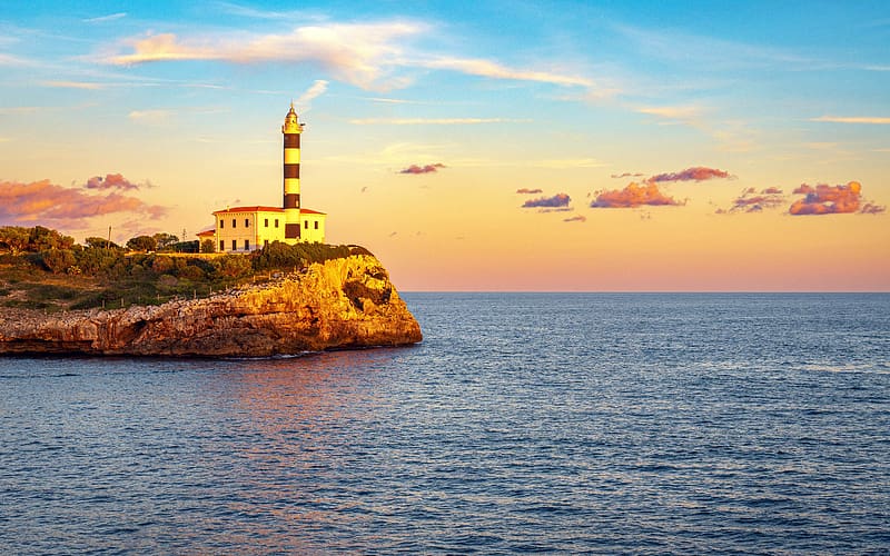 Coast Lighthouse Sunset Porto Colom Spain, HD wallpaper
