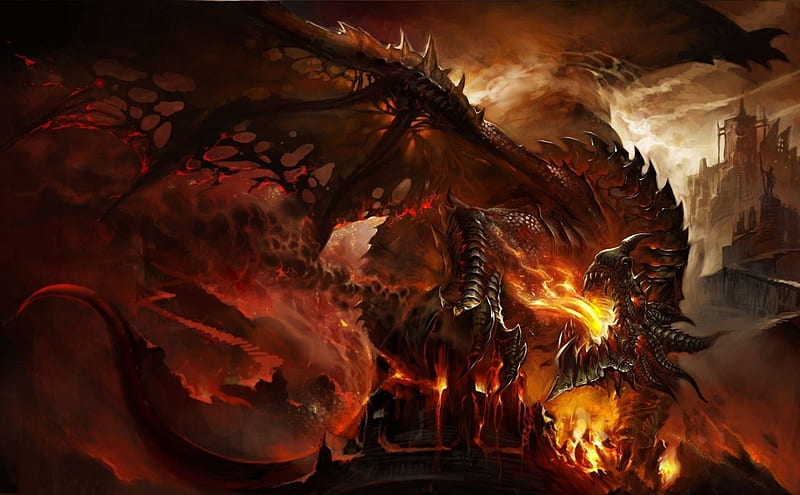 Dragon Attack, fire, fantasy, dragon, castle, HD wallpaper