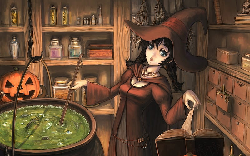 Halloween Anime Witch, Halloween, Witch, Anime, Brew, Girl, Cauldren, HD wallpaper