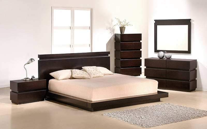 bedroom, modern stylish interior design, dark wooden furniture, bedroom project, HD wallpaper
