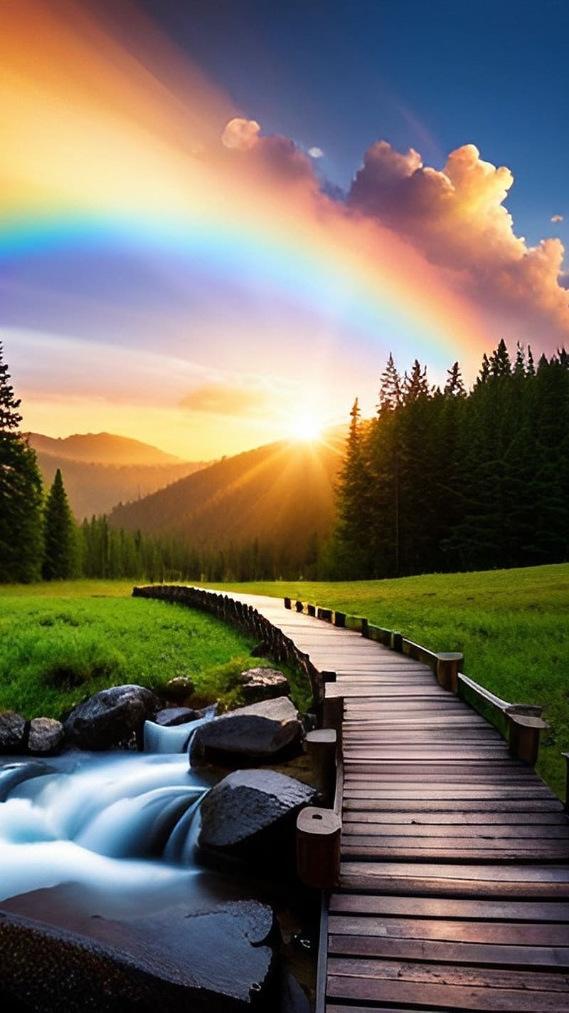 Nechar , Wooden Bridge, rainbow, greenery, nature, HD phone wallpaper
