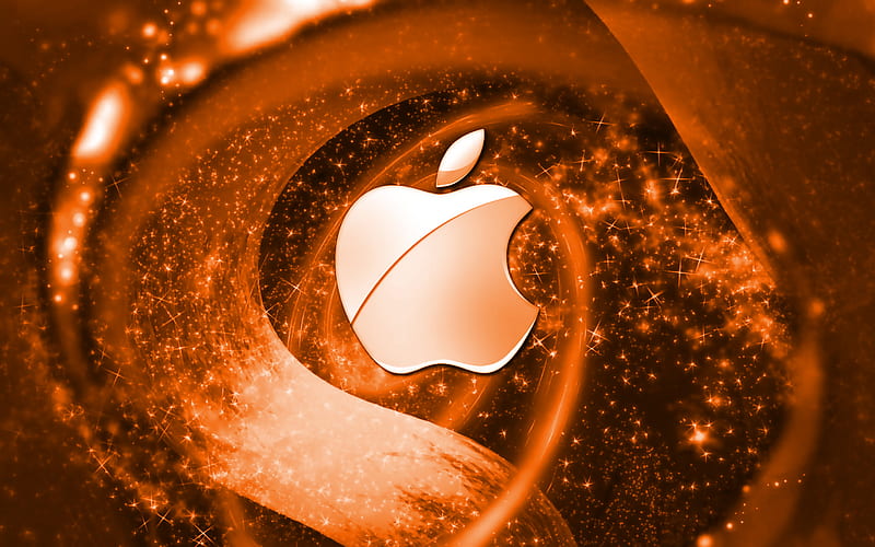 Apple orange logo, space, creative, Apple, stars, Apple logo, digital art, orange background, HD wallpaper