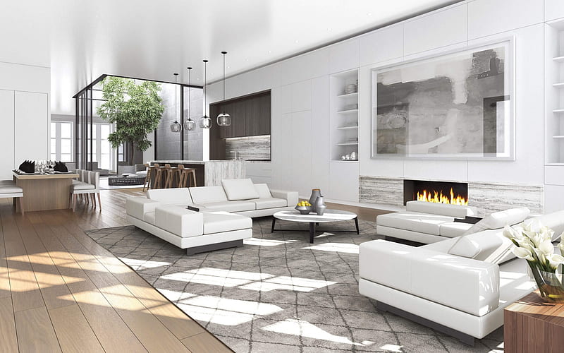 Interior of living room, modern design, white interior, living room, HD wallpaper