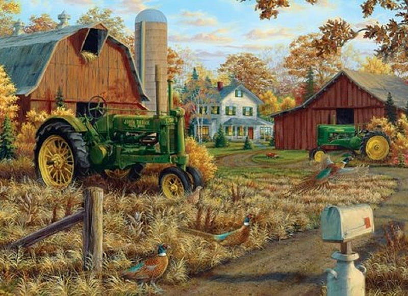 Rustic Farm in Autumn, architecture, farm, autumn, farmhouse, john deere, tractors, barns, HD wallpaper
