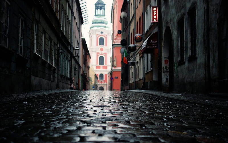 city streets, paving stones, Poznan, Poland, HD wallpaper