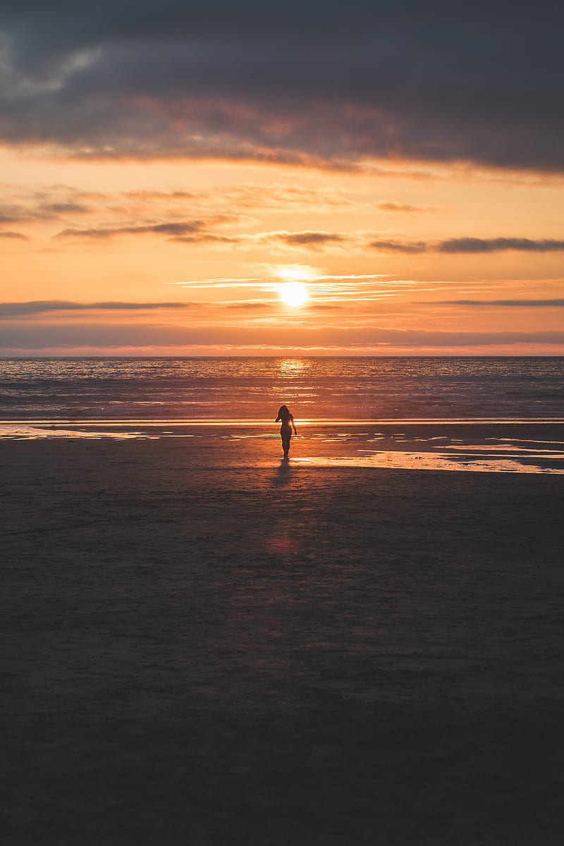 silhouette, sunset, sea, coast, horizon, lonely, HD phone wallpaper