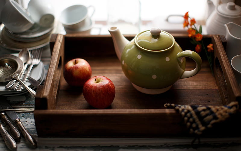 green teapot, wooden tray, apples, HD wallpaper