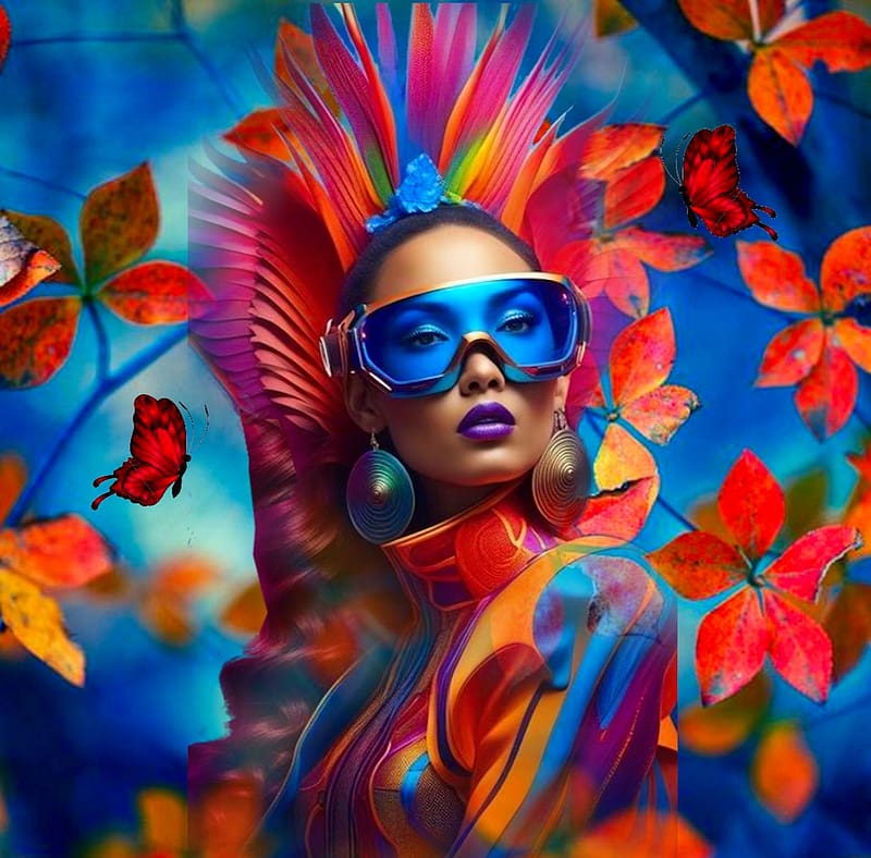 Queen Of Many Colors, branches, queen, orange, dress, colorful, blue, vibrant, leaves, goggles, vivid, yellow, bright, bold, HD wallpaper