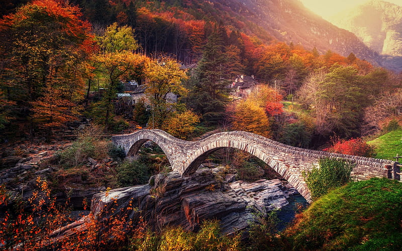 Verzasca valley, Switzerland, autumn, stone bridge, Lavertezzo, Ticino, Verzasca River, HD wallpaper