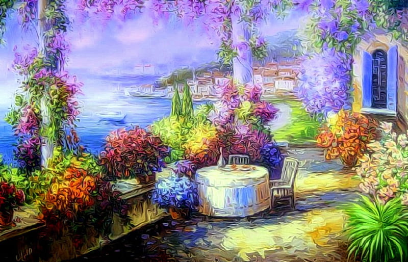 ✫Terrace on Weekend✫, oceans, gardening, scenic, romantic, seasons, terrace, attractions in Dreams, paintings, landscapes, bays, summer, flowers, nature, gardens and parks, sailboats, HD wallpaper