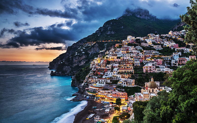 Positano, evening, sunset, Salerno, Amalfi Coast, Italy, Mediterranean Sea, Campania, HD wallpaper