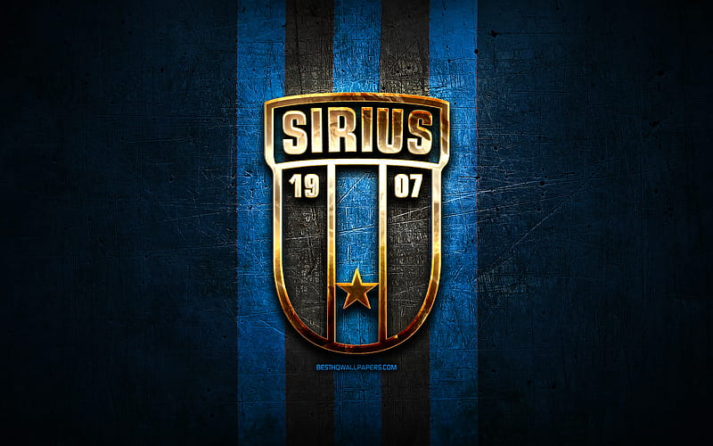 Sirius FC, golden logo, Allsvenskan, blue metal background, football, IK Sirius, swedish football club, Sirius logo, soccer, Sweden, HD wallpaper