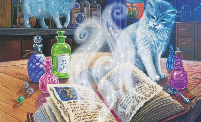 Potion To Die For, chemicals, painting, book, cat, artwork, chemistry, HD wallpaper