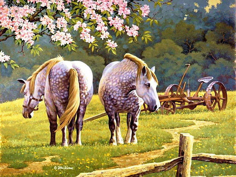 Horses, fence, plow, trees, artwork, meadow, HD wallpaper