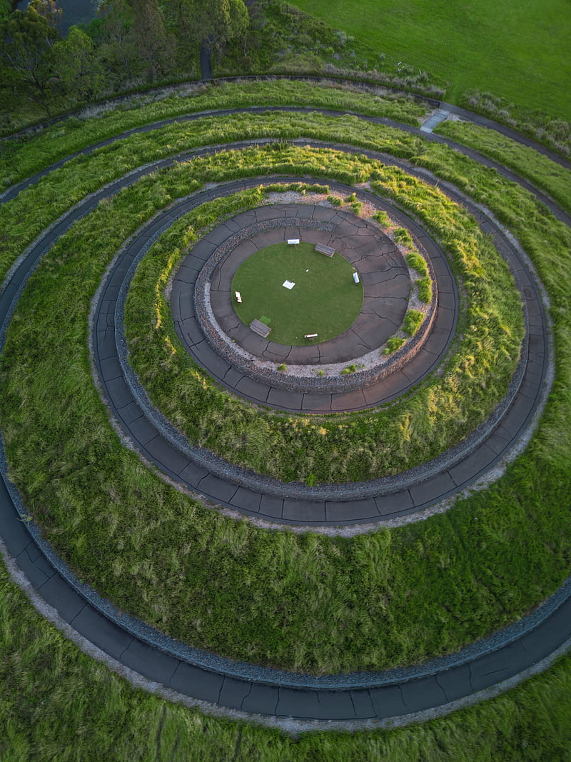 maze, spiral, aerial view, trail, greenery, landscape design, HD phone wallpaper