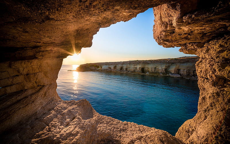 bay, Mediterranean Sea, sunset, seascape, cliffs, Cyprus, HD wallpaper