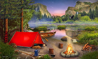 Campfire Lodge Lake Creek Forest Canoe Tent Wilderness Wildlife Wallpaper Border 
