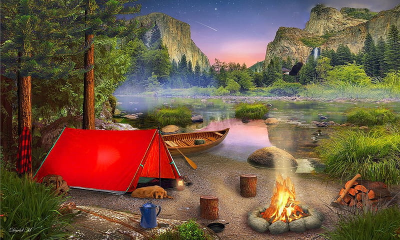 Wilderness Camping, Scenic, Wilderness, tent, forests, Camping, Outdoors fire, colorful, Canoe, mountains, Lake, nature, HD wallpaper