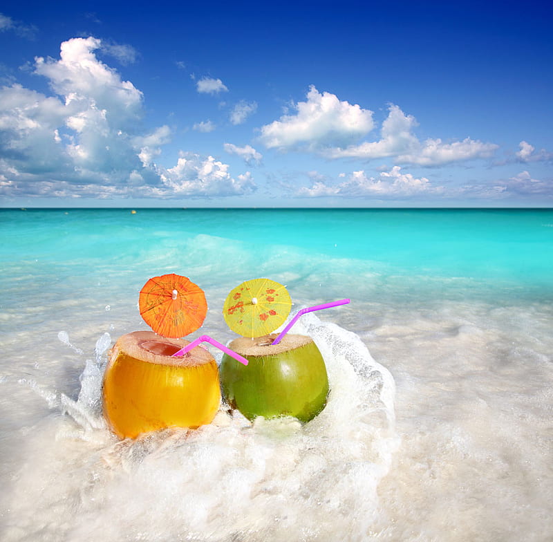 BEACH DRINKS, beach, refreshing, drinks, ocean, HD wallpaper
