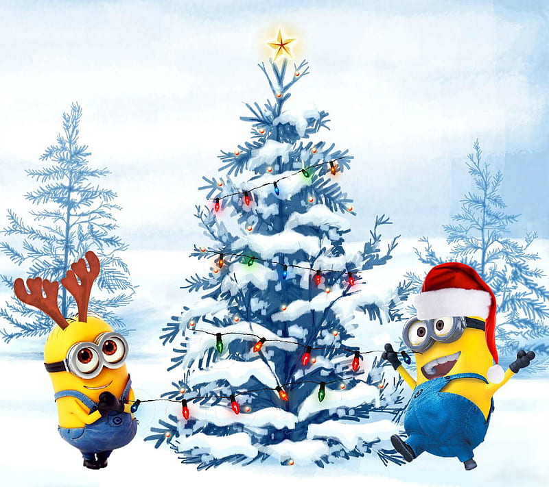 christmas minions, antlers, lights, santa, snow, tree, winter, xmas, HD wallpaper
