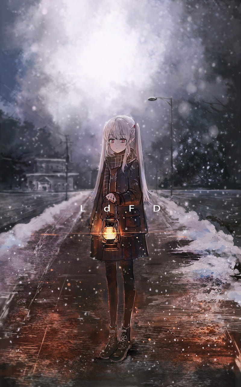 anime girl, lantern, snow, white hair, winter, path, Anime, HD phone wallpaper