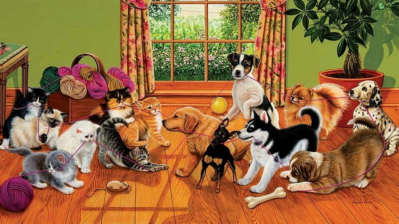 cats-cat-art-apinting-dog-play-kitten-animal , Freunde, Dogs, Cats, Spielen, Deutschland, Fenster, HD wallpaper