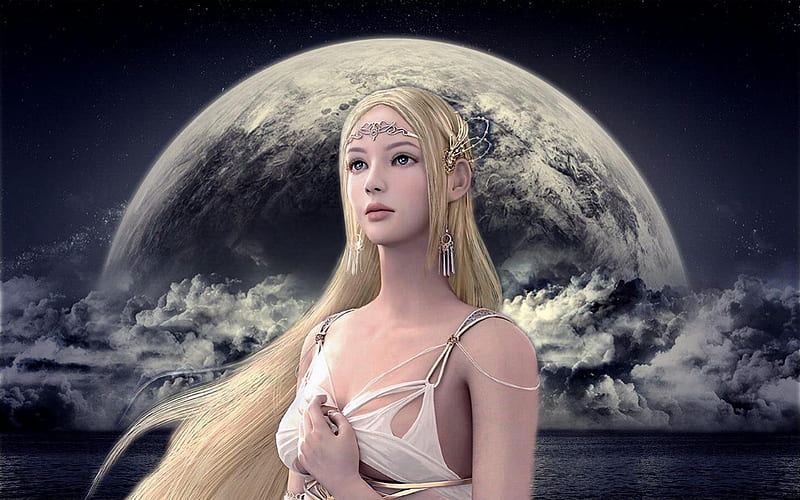 Goddess Of Moon, elfe, elves, woman, women, fantasy, moon, feen, fairy, night, HD wallpaper