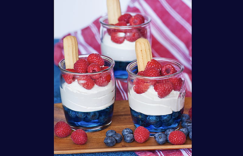 Red, White & Blue Confection, holiday, fresh, blueberries, dessert, glass, fruit, cookie, yummy, whipped cream, confection, jello, white, 3470x2232, blue, raspberries, red, blue frame, tray, HD wallpaper