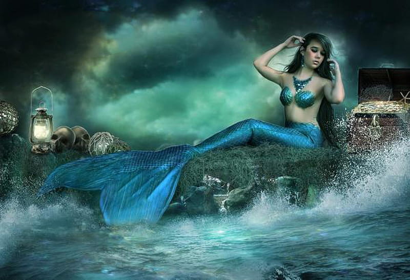 Mermaid in Storm, art, water, cloud, lantern, rock, waves, HD wallpaper