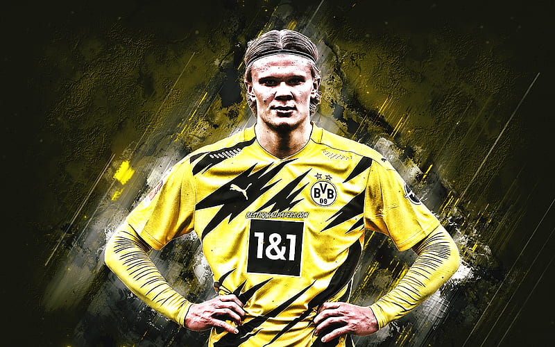 Erling Braut Haland, Borussia Dortmund, portrait, yellow stone background, Bundesliga, football, Germany, HD wallpaper