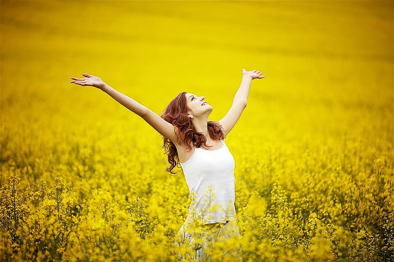 ლ, Field, Flowers, Woman, Happiness, HD wallpaper