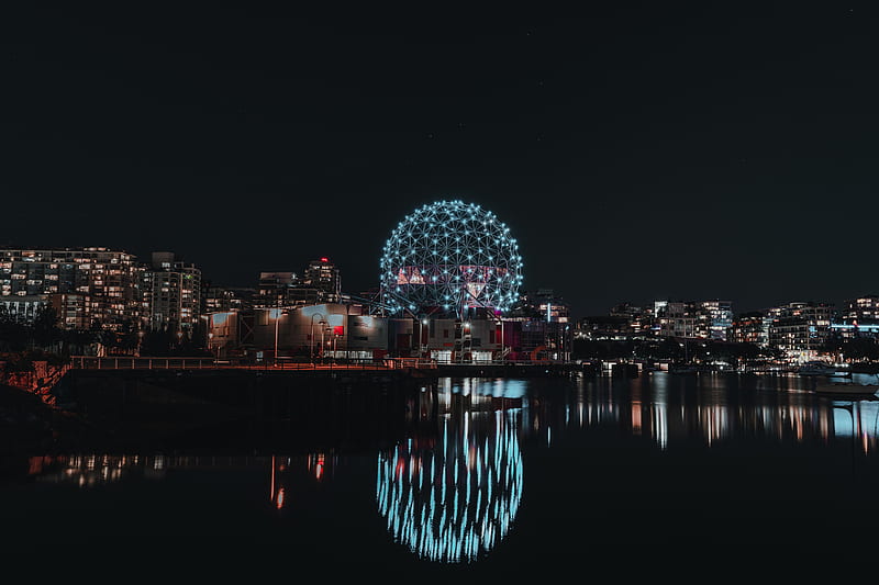 ball, construction, night city, lights, reflection, HD wallpaper