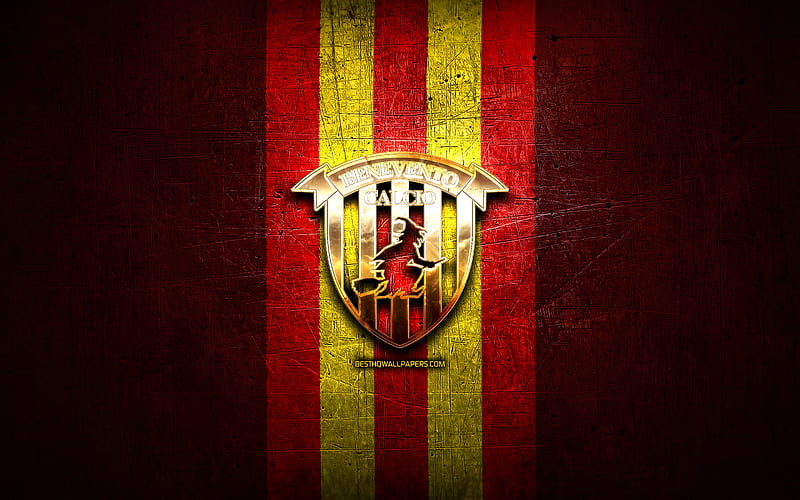 Benevento FC, golden logo, Serie B, red metal background, football, Benevento Calcio, italian football club, Benevento logo, soccer, Italy, HD wallpaper