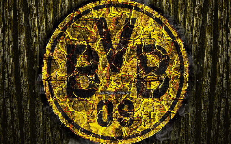 Borussia Dortmund FC, scorched logo, Bundesliga, yellow wooden background, german football club, S04, grunge, BVB, football, soccer, Borussia Dortmund logo, fire texture, Germany, HD wallpaper