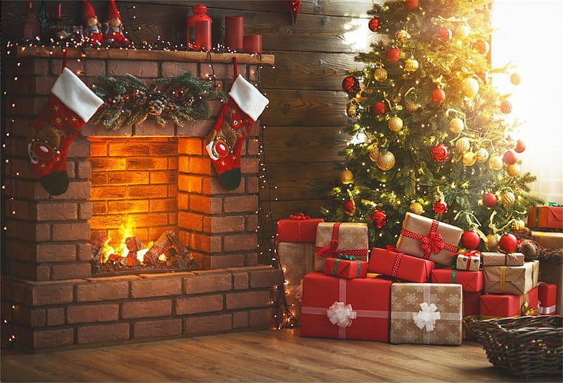AOFOTO ft Christmas Living Room Interior Decoration Backdrop New Year Tree Fireplace Xmas Gift Box graphy Background Holiday Festival Party Decor Studio Props Vinyl Portrait : Everything Else, HD wallpaper