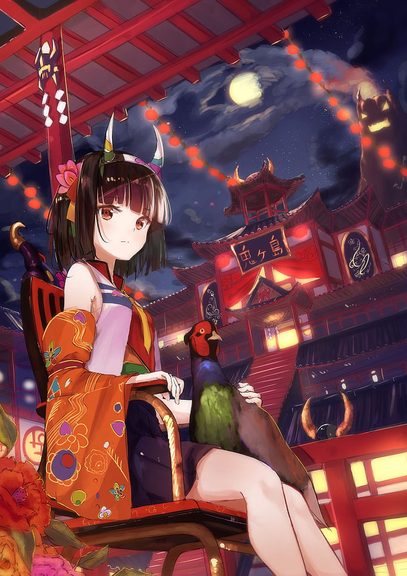 girl, horns, pheasant, bird, kimono, japan, anime, HD phone wallpaper
