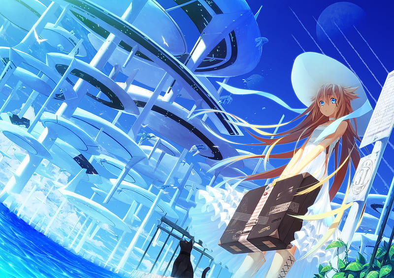 New Citizen , New, bonito, Ocean, Unique, Frills, Sea, Blue, Sky, Blue Eyes, Brown Hair, Advanced City, Scientific City, Confused, Anime, Blue Sky, White Boots, Sweet, Buildings, Long Hair, Girl, Hat, Citizen, Bus Stop, Green Leaves, Lovely, Wonderful, Lethal Choker Artworks, White Dress, Cute, White Outfit, Suitcase, Sun, Shy, Black Cat, Ribbons, Blue Water, HD wallpaper