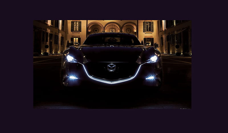 Exploring in Luxury, frame, warm light, bird logo, fog lights, front grill, courtyard, windows, building, arches, concept, Mazda, luxury, HD wallpaper