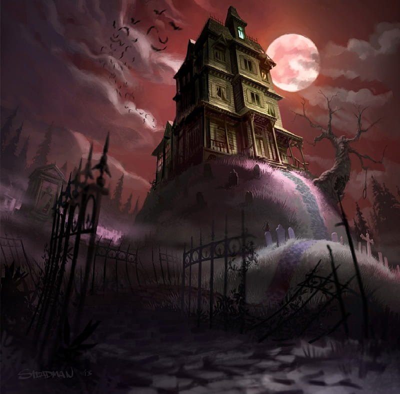 Haunted House, fence, house, hill, halloween, HD wallpaper