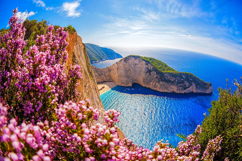Navagio bay-Greece, rocks, view, Navagio, bonito, sky, sea, beach, Greece, Zakynthos, paradise, wildflowers, summer, horizons, bay, coast, HD wallpaper