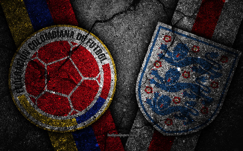 Colombia vs England FIFA World Cup 2018, Round of 16, logo, Russia 2018, Soccer World Cup, England football team, Colombia football team, black stone, Eighth-final, HD wallpaper