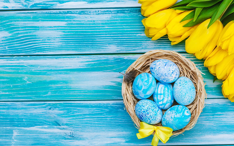 Happy Easter!, flower, yellow, easter, tulip, blue, wood, card, spring, egg, basket, HD wallpaper