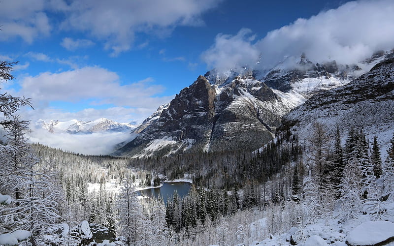 winter, mountains, mountain lake, winter landscape, HD wallpaper