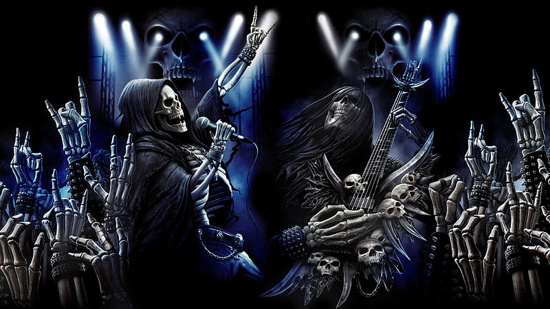 Deadly musicians, metal, art, skeleton, music, HD wallpaper