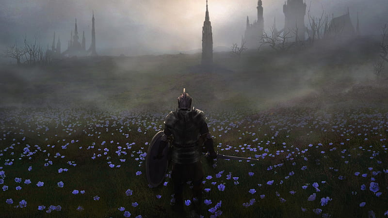 Dark Souls Sword Warrior On Greenfield Purple Color Flowers In Winter Snow Games, HD wallpaper