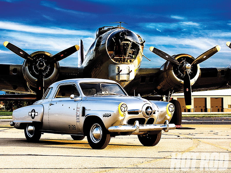 Plane&Studebaker, 1950s, blue sky, war plane, studbaker, HD wallpaper