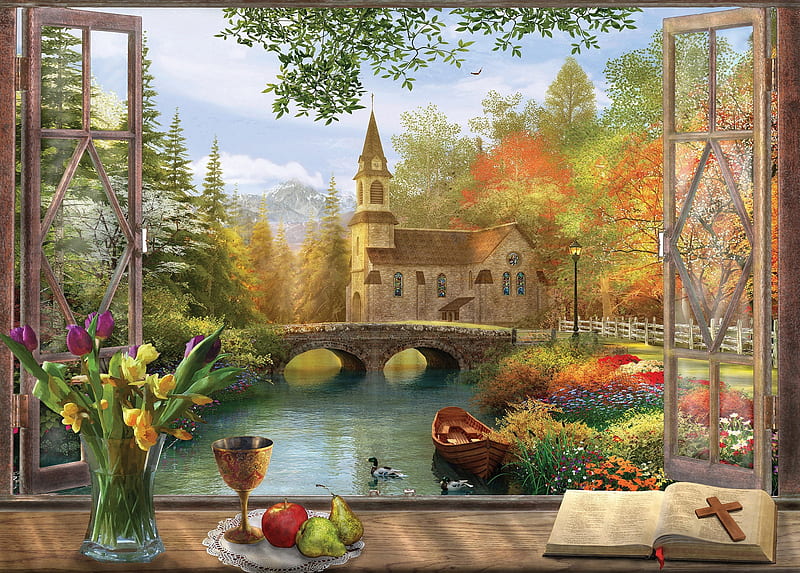 Window ~ the church, art, pointview, window, bridge, painting, pictura, church, lake, HD wallpaper
